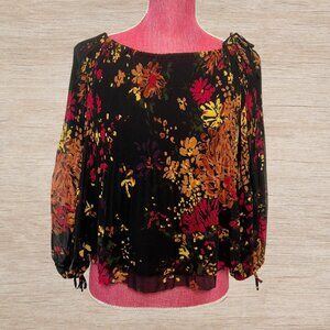 Aritzia Wilfred Floral Black Off the Shoulder Long Sleeve Chiffon Top Size Small